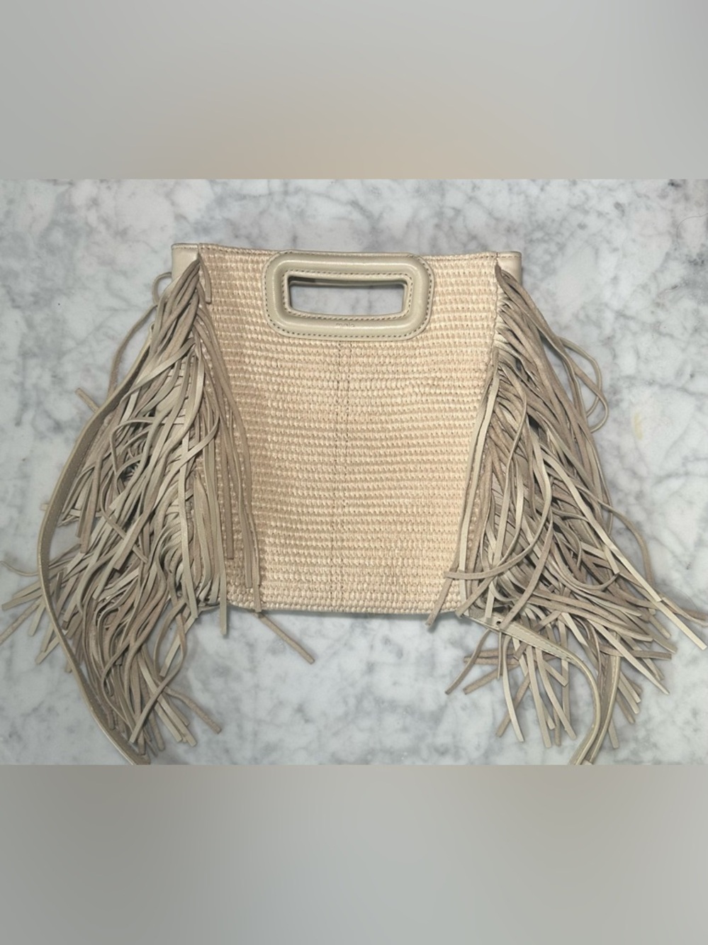 Maje M Bag Raffia and Leather Fringe Tote Cream w/ Strap for Shoulder/Crossbody
